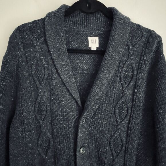 Vtg Gap Cardigan Sweater Men L Navy Blue Fleck Grandpa Chunky Knit Shawl Collar - Picture 2 of 13
